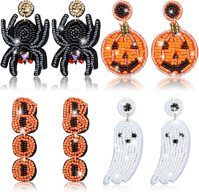 4 Pairs Halloween Beaded Earrings for Women Drop Dangle Earrings Spider Pumpkin Ghost Boo Drop Ea... | Amazon (US)