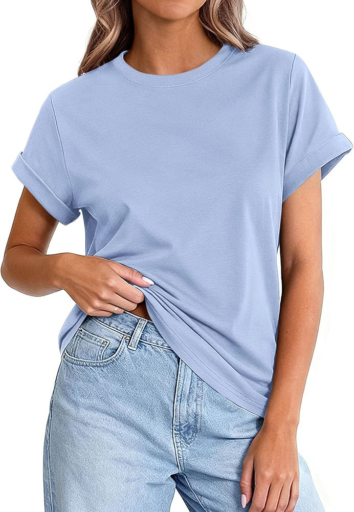 PRETTYGARDEN Womens Summer Tops 2026 Spring Casual Rolled Short Sleeve Basic Tees Crew Neck Work ... | Amazon (US)