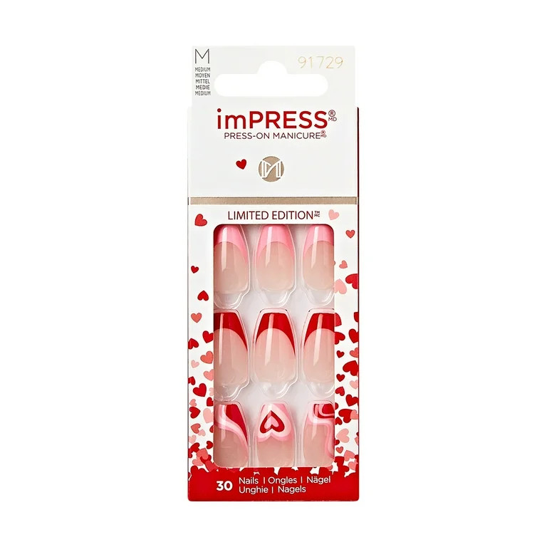 imPRESS Valentine Press-On Nails, No Glue Needed, Red, Medium Coffin, 33 Ct. | Walmart (US)