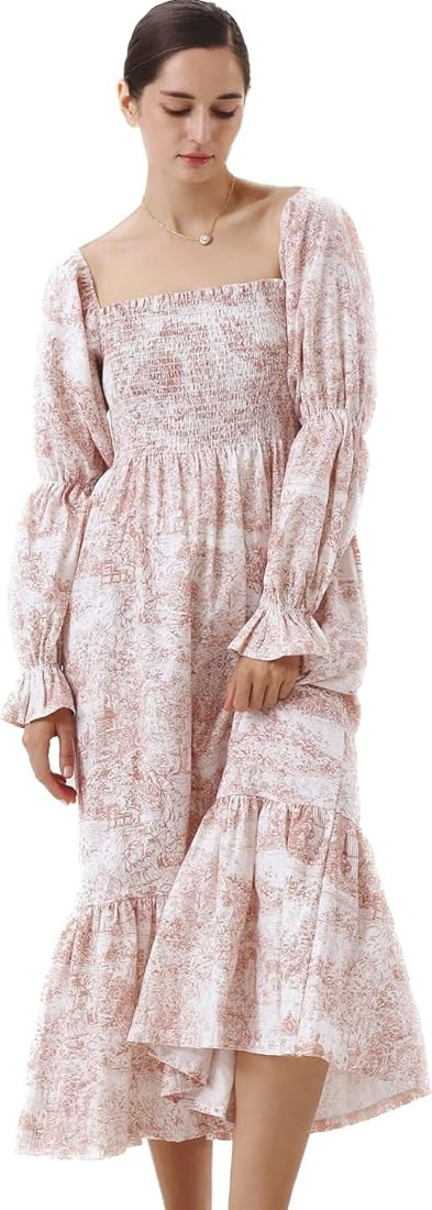 NOTHING FITS BUT Women Linen Cotton Dress, Floral Pattern Yuki Gown, Women Casual Dress, Off Shou... | Amazon (US)