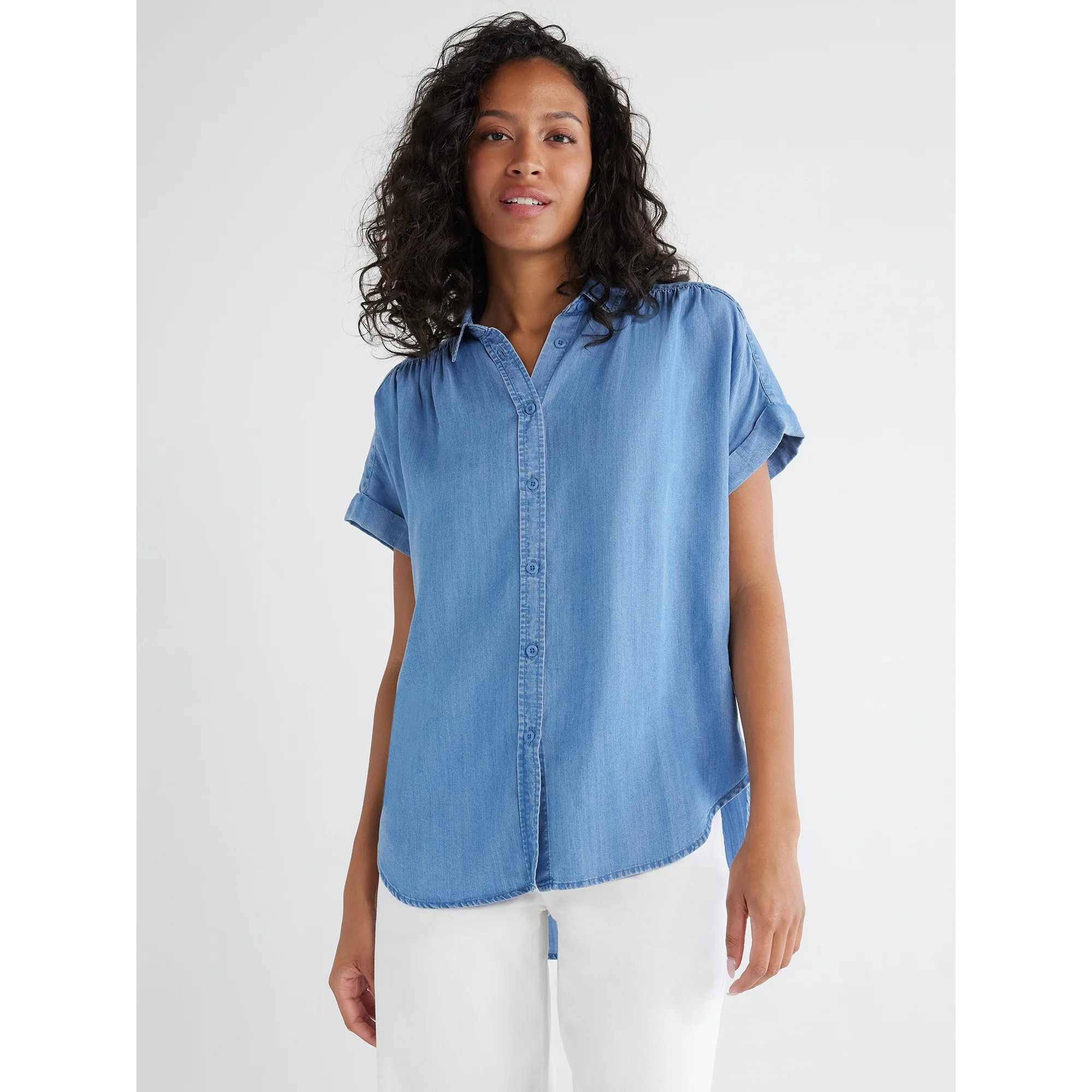 Time and Tru Women's Button Down Camp Shirt with Roll Cuff Sleeves, Sizes XS-XXXL | Walmart (US)
