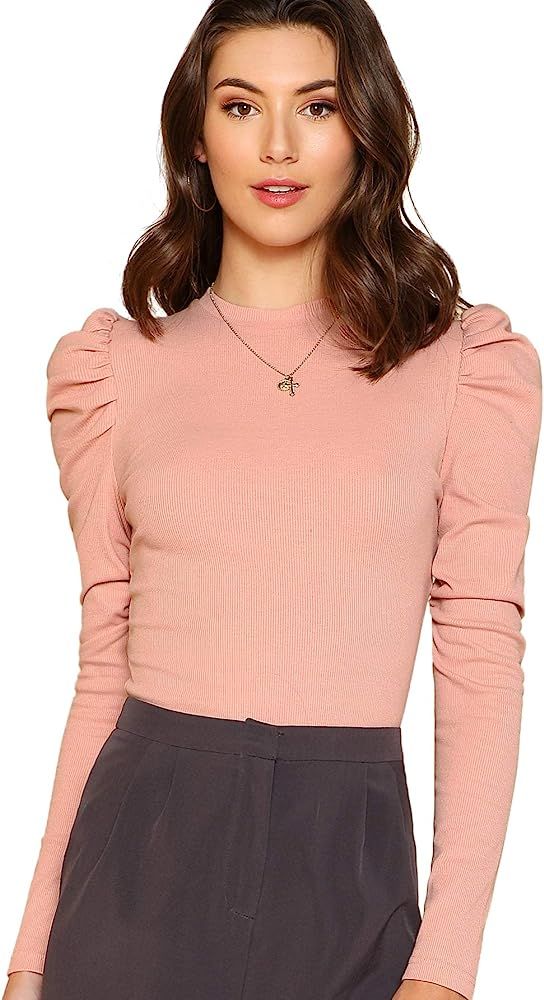 Floerns Women's Solid Puff Sleeve Crew Neck Casual T Shirt Top Pink A S at Amazon Women’s Cloth... | Amazon (US)