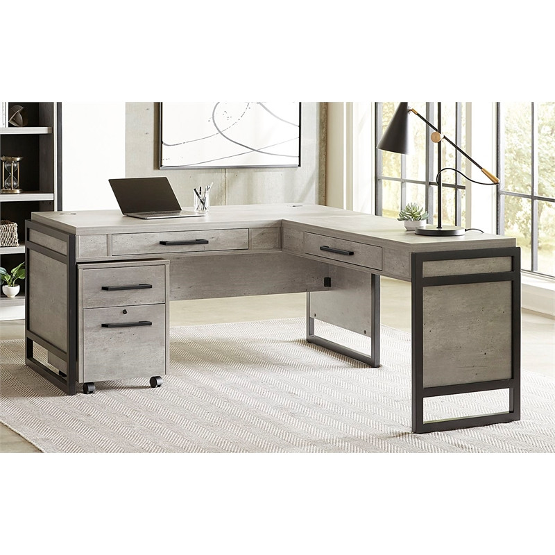 Modern Wood Laminate Open L-Desk and Return Corner Desk Concrete Gray | Cymax