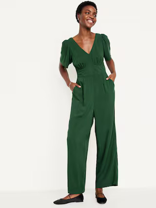 Waist-Defined Puff-Sleeve Jumpsuit | Old Navy (US)