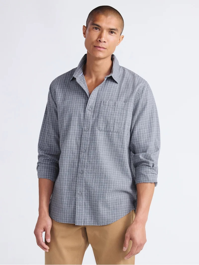 Free Assembly Men's Brushed Cotton Twill Button Front Shirt with Long Sleeves, Sizes XS-3XL | Walmart (US)