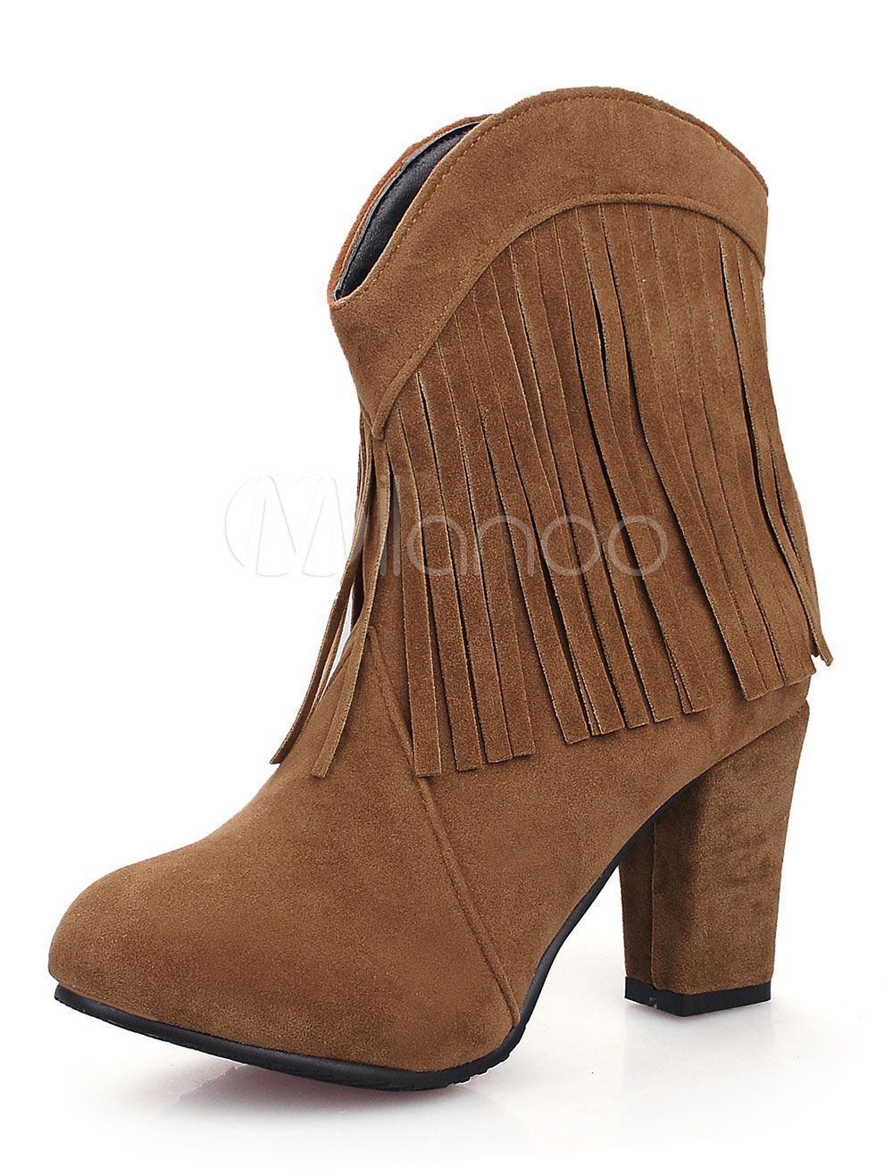 Women Ankle Boots Brown Fringe Chunky Heel Round Toe Suede Winter Booties | Milanoo