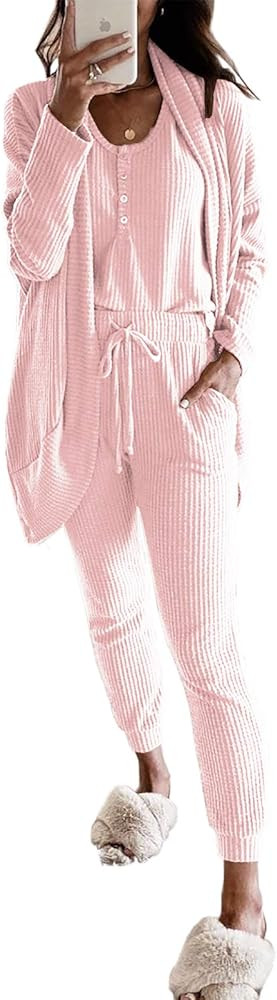 Fessceruna Womens Waffle Knit 3 Piece Lounge Sets Pajama Tank Top Long Sleeve Cardigan and Pants ... | Amazon (US)