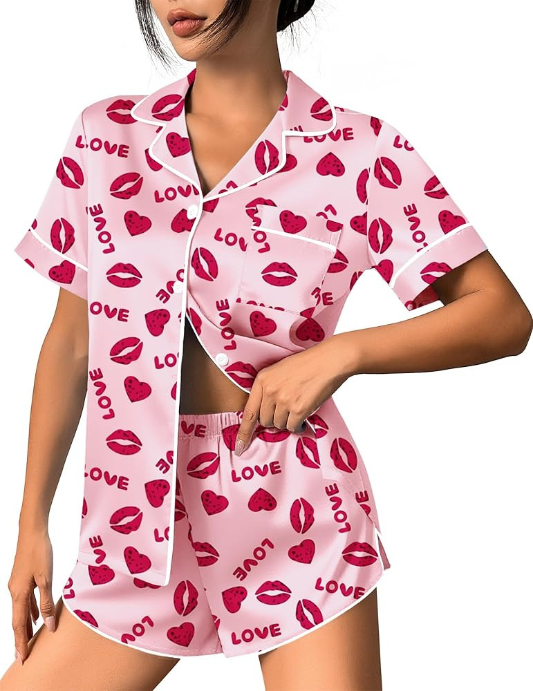 Ekouaer Womens Silk Satin Pajama Set Print Short Sleeve Sleepwear Button Down Pjs Shorts Set Loun... | Amazon (US)