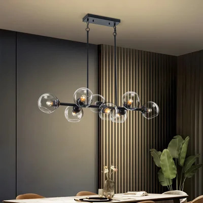 Modern 8-Light Linear Globe Glass Chandelier For Kitchen Island, Black Bubble Glass Pendant Ceiling Light Fixture For Dining Room, Living Room & Bedro | Wayfair North America