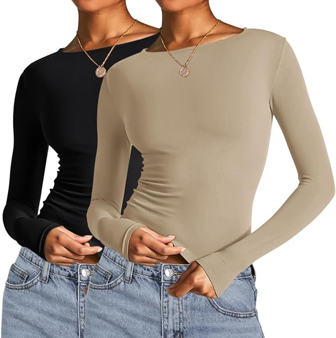 AKEWEI Long Sleeve Crop Tops for Women 2 Pack Fall Going Out Outfits Cute Tight Basic Tees Shirt | Amazon (US)