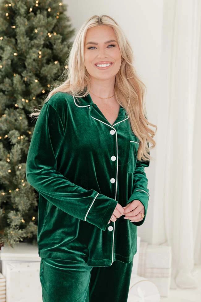 Asking Again Green Velvet Button Front Lounge Top | Pink Lily