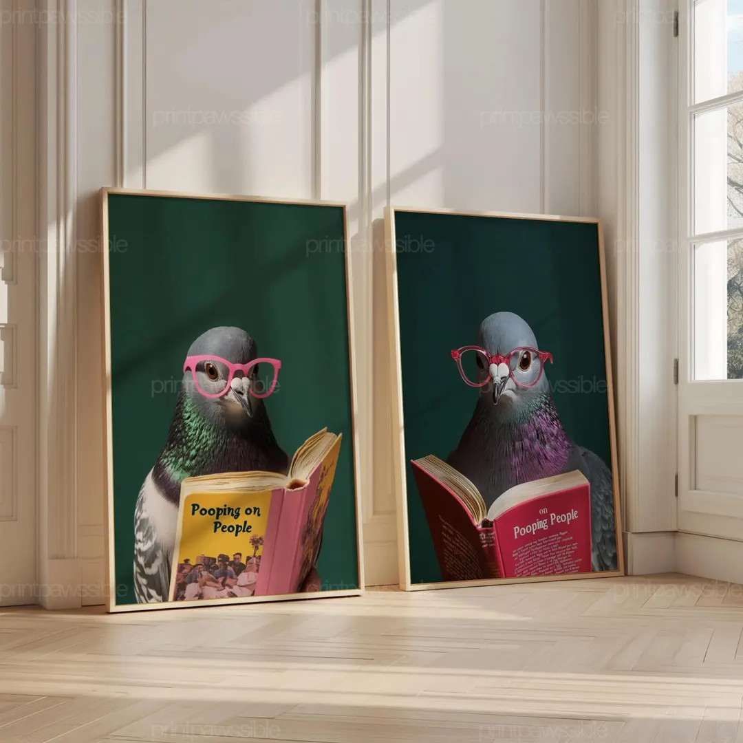 Set of 2 Funny Pigeon Reading Pooping on People, Trendy Bathroom Humor Art, Digital Bathroom Prin... | Etsy (US)