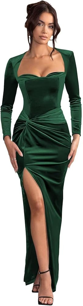 Long Sleeve Bridesmaid Dress 2025 High Split Velvet Maxi Formal Evening Dress VS115 | Amazon (US)