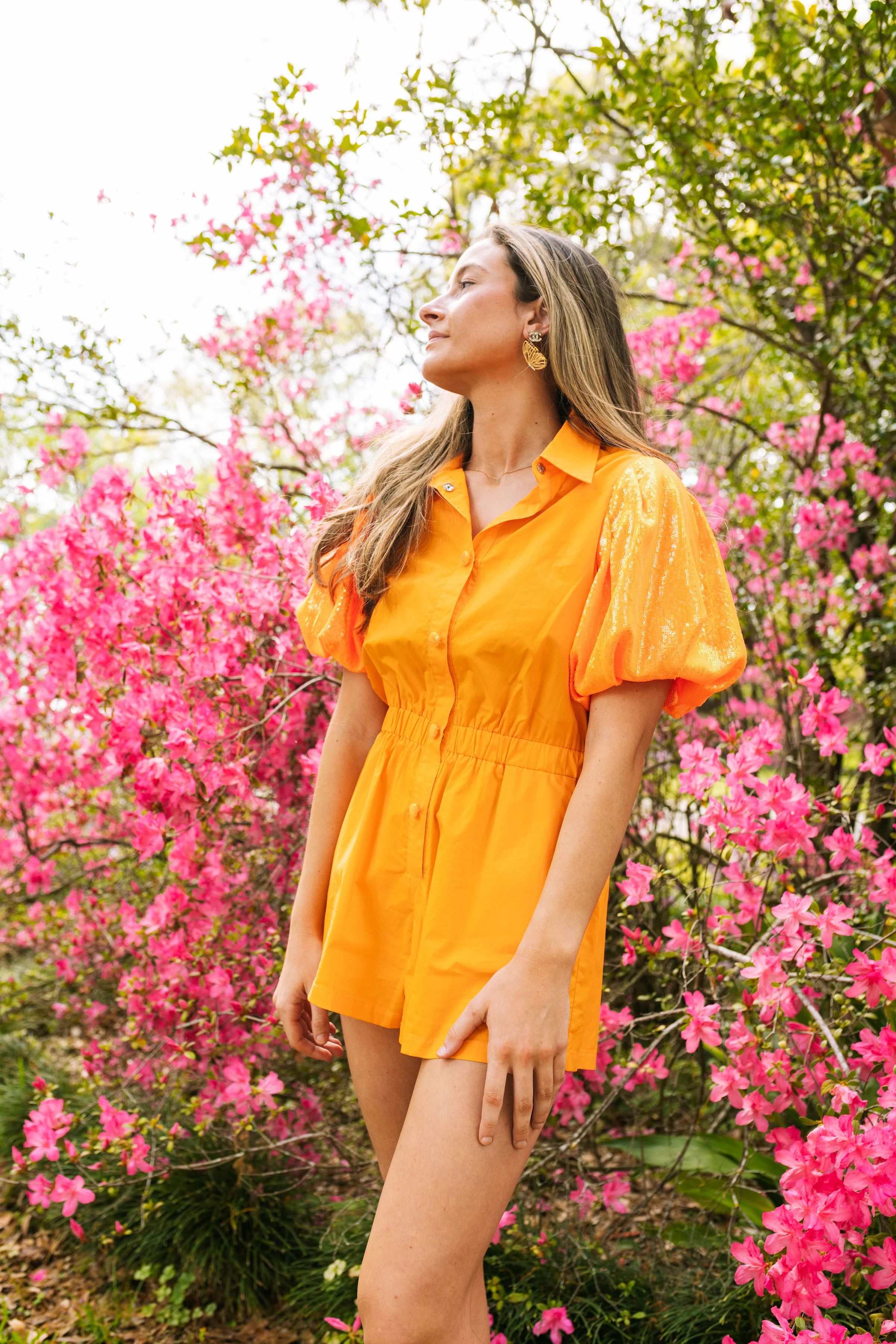 Neon Orange Sequin Sleeve Romper | Queen of Sparkles