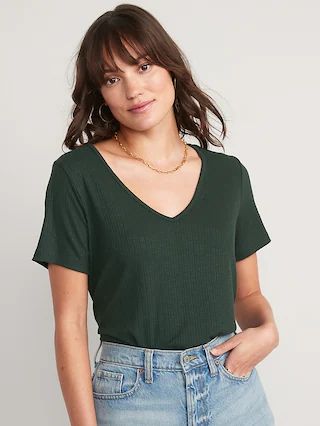 Short-Sleeve Luxe V-Neck Rib-Knit T-Shirt for Women | Old Navy (US)