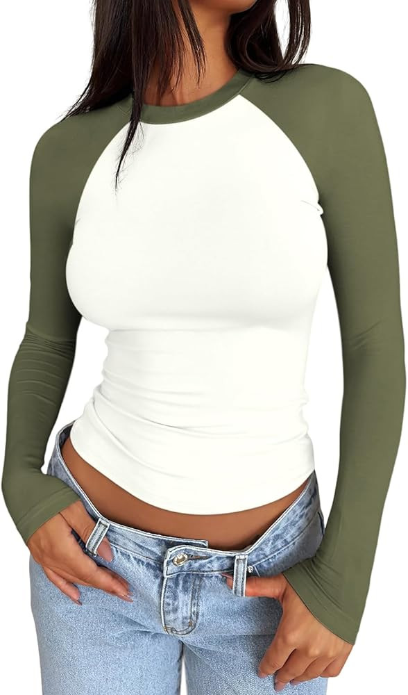 Trendy Queen Women's Long Sleeve Shirts Slim Fit Stretchy Color Block Slightly Cropped Tops | Amazon (US)