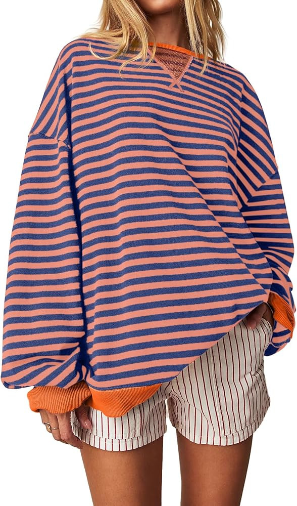 Fisoew Womens Striped Oversized Sweatshirt Color Block Crew Neck Long Sleeve Shirt Casual Loose P... | Amazon (US)