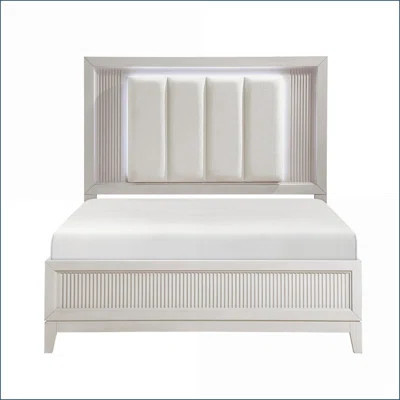 Queen Size Upholstered Bed with LED Headboard Antique White Reeded Fronts Modern Bedroom Furniture | Wayfair North America