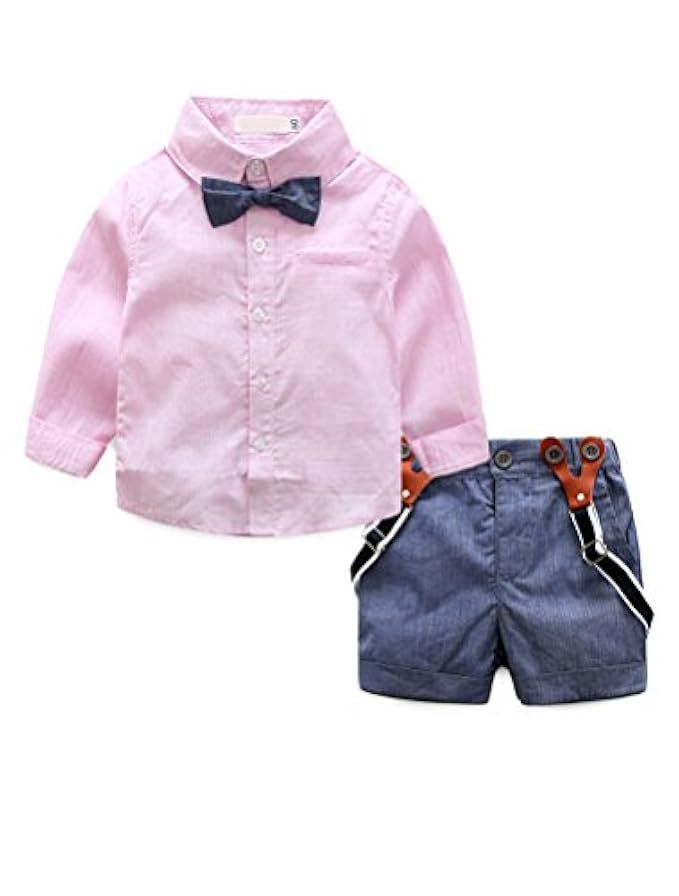 Baby Boy Summer Cotton Gentleman Long Sleeve Bowtie Romper Suspenders Shorts Outfit Set | Amazon (US)