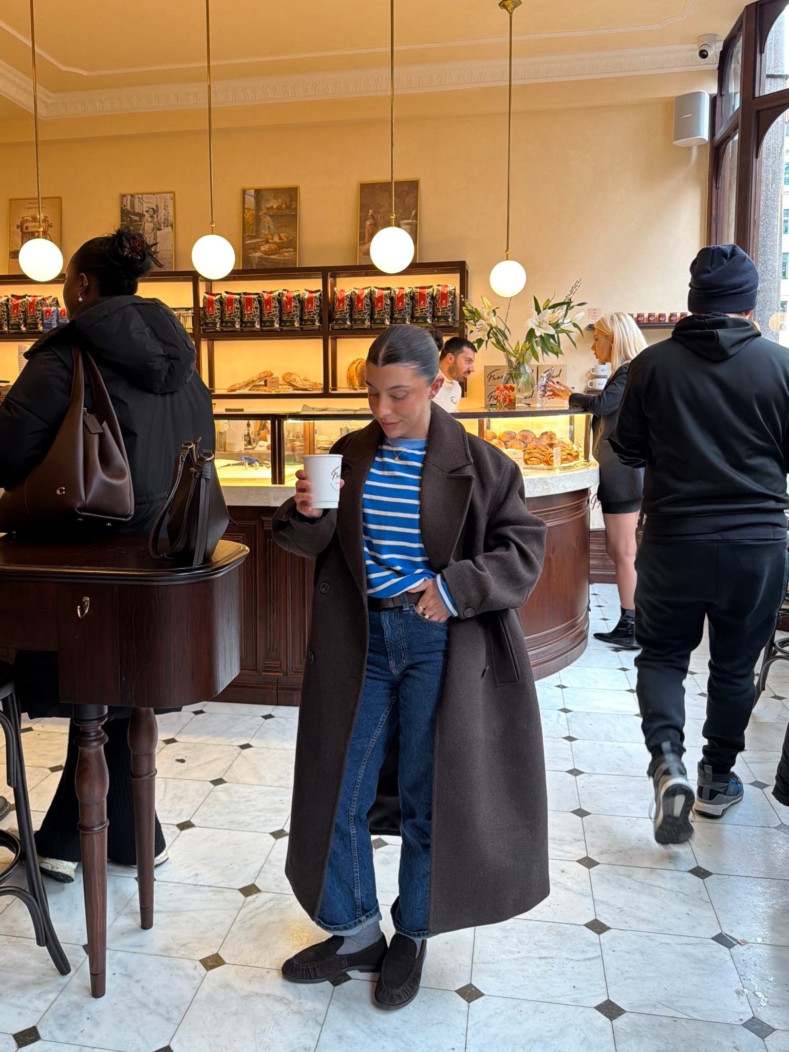 Winter outfit, petite, brown coat, long coat, petite maxi coat, dark blue jeans, straight leg jeans, stripe top, long sleeve, blue, wrong shoe theory, loafers, chocolate, brown tones, pop of colour, asos, BERSHKA, marks and Spencer, M&S, asos design 

#LTKwinter #LTKuk #LTKpetite