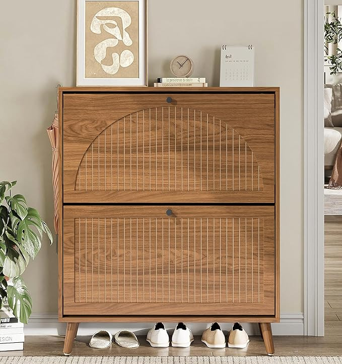 Shoe Storage Cabinet for Entryway with 2 Flip Drawers, Narrow Wood Shoe Cabinet with Fluted Panel... | Amazon (US)