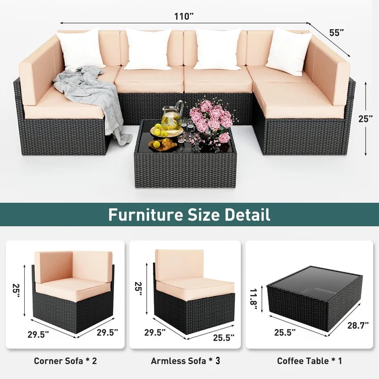 Tappio 6 Pieces Patio Furniture Set, All-Weather PE Rattan Sectional Sofa with Tempered Glass Cof... | Walmart (US)