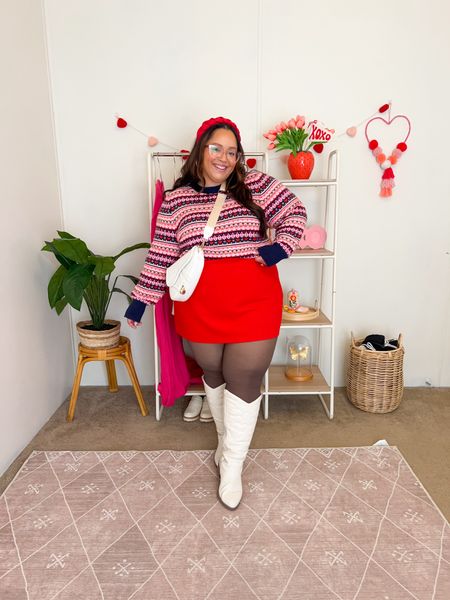 Valentine’s Day inspired outfit! 
J.Crew Sweater - XL
Abercrombie Skirt - XL
Amazon Fleece lined tights - 2X
Torrid cowboy boots 9W 

#LTKplussize #LTKfindsunder100 #LTKSeasonal