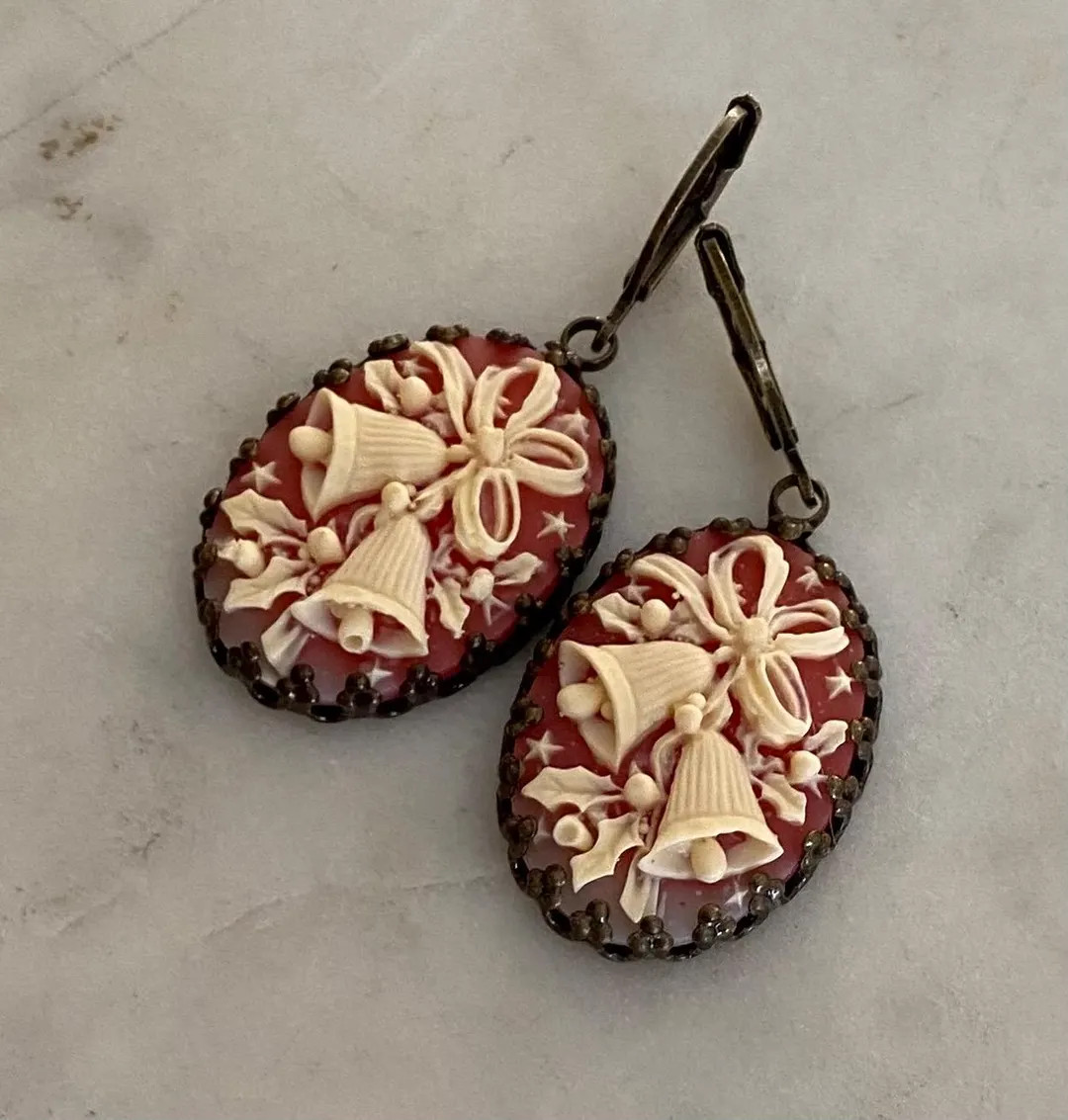 Vintage Holiday Bells With Holly and Bow Dangle Christmas Earrings - Etsy | Etsy (US)