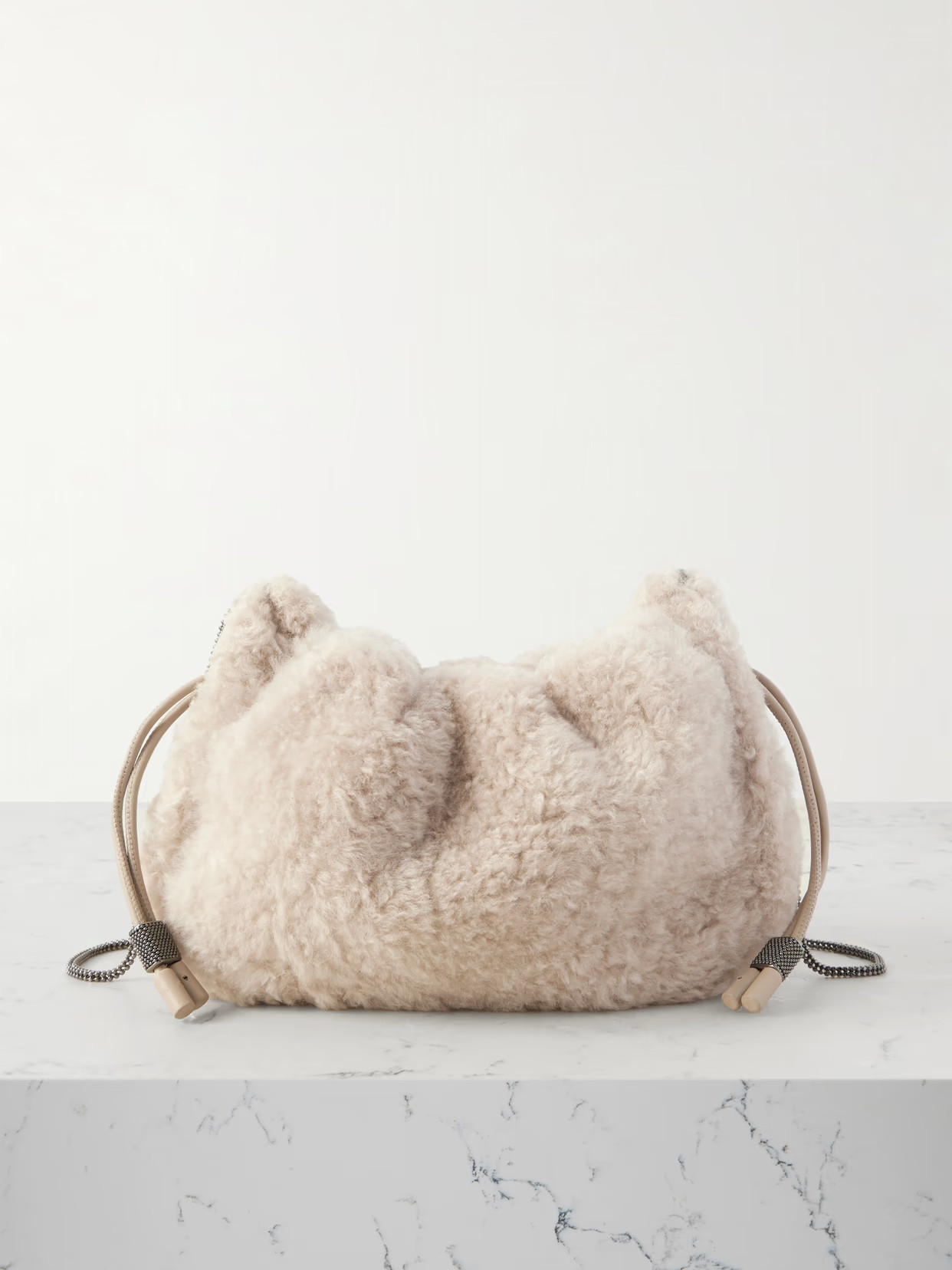 Brunello Cucinelli - Leather-trimmed Shearling Shoulder Bag - Neutrals | NET-A-PORTER (US)
