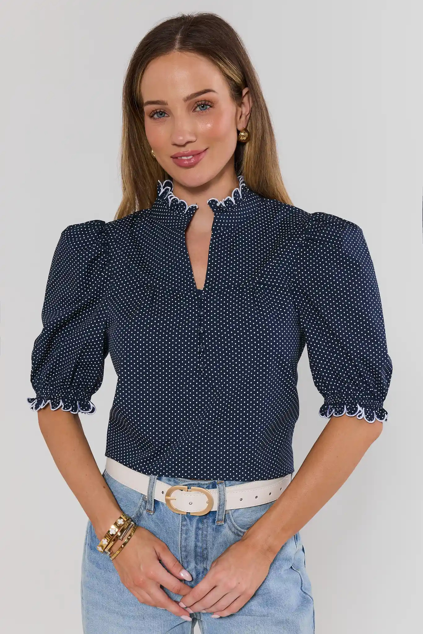 Hailey Navy Polka Dot Puff Sleeve Top | Avara