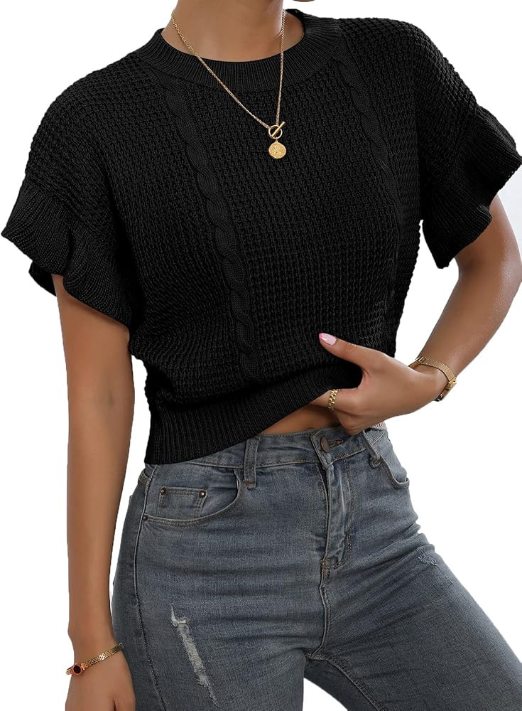 Verdusa Women's Ruffled Short Sleeve Round Neck Knitted Top Pullovers Sweater | Amazon (US)