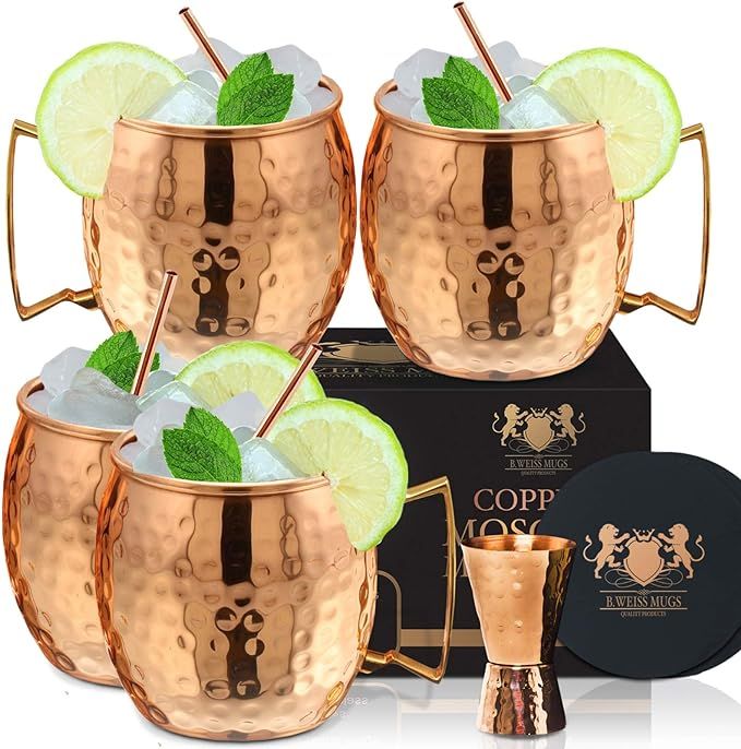 Moscow Mule Mugs Set, includs: 4 -16 oz Copper Mugs, 4 Cocktail Copper Straws, 4 Wooden Coasters,... | Amazon (US)