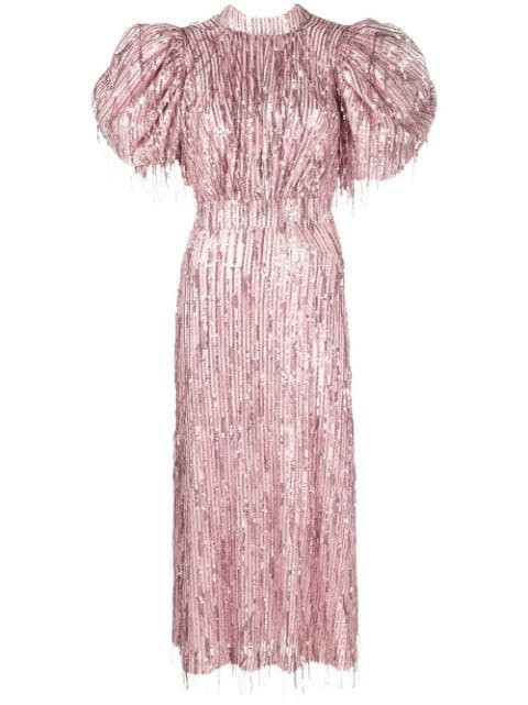 ROTATE puff-sleeve Sequin Fringed Dress - Farfetch | Farfetch Global