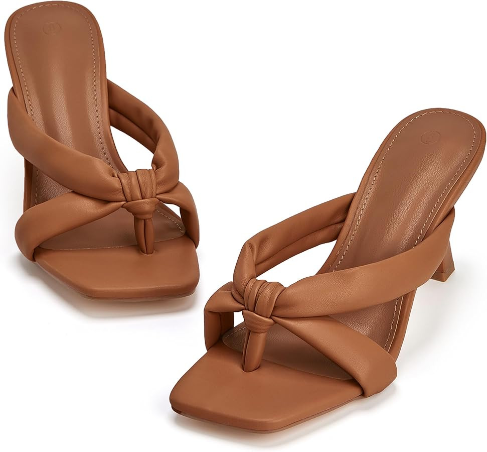 Coutgo Womens Thong Heels Mules Square Toe Heeled Flip Flops Mule Sexy Stiletto Dress Party Sanda... | Amazon (US)