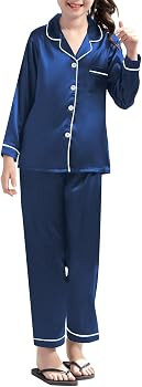Umeyda Girls & Womens Satin Pajamas Set, 2 Pieces Silky Pjs Long Sleeve + Pants Sleepwear for Mom... | Amazon (US)