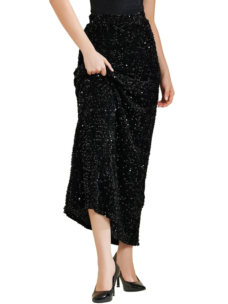 DARING DIVA Women's Sequin Velvet Skirt Sparkle Party Maxi Skirt L Black | Walmart (US)