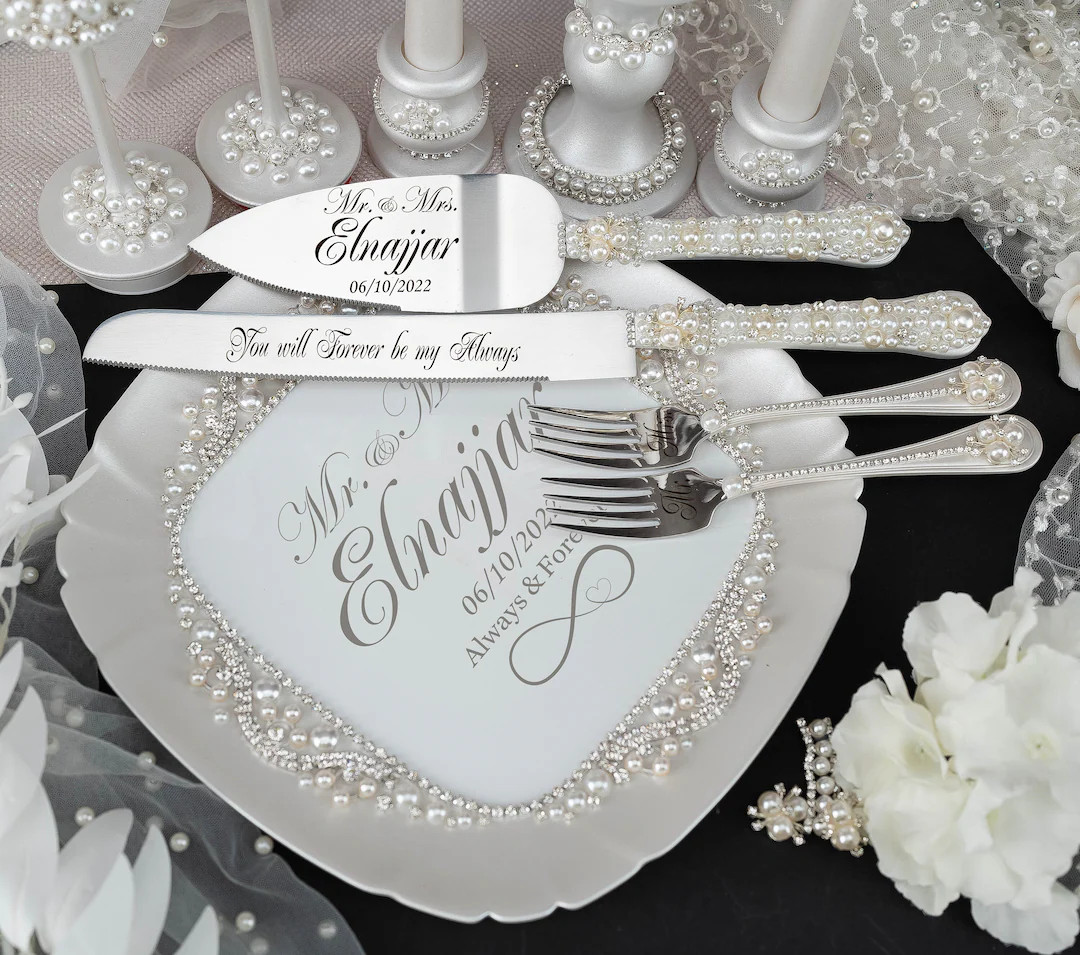 Pearl Wedding, Pearl Wedding Glasses and Cake Knife Set, Pearl Flutes, Wedding Cake Plate With Fo... | Etsy (US)
