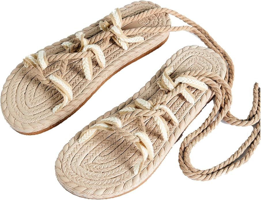 Verdusa Women's Strappy Lace Up Flat Sandals Ankle Wrap Sandals Open Toe Summer Slides | Amazon (US)