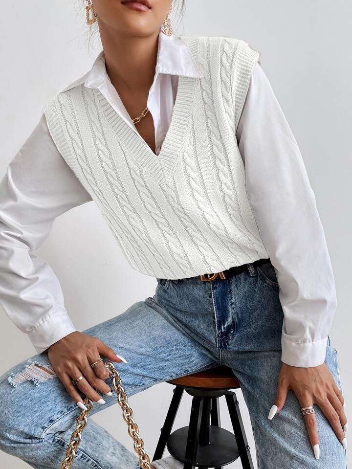SHEIN Frenchy Cable Knit Sweater Vest Without Blouse | SHEIN