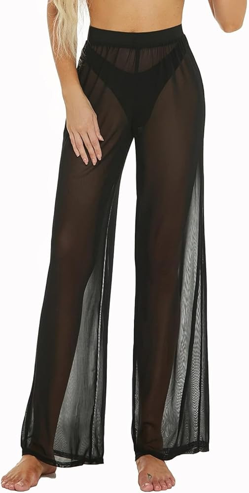 RUEWEY Women See Throug Mesh Flare Cover up Pants Swimsuit Bikini Bottom Cover up Elastic Waist W... | Amazon (US)