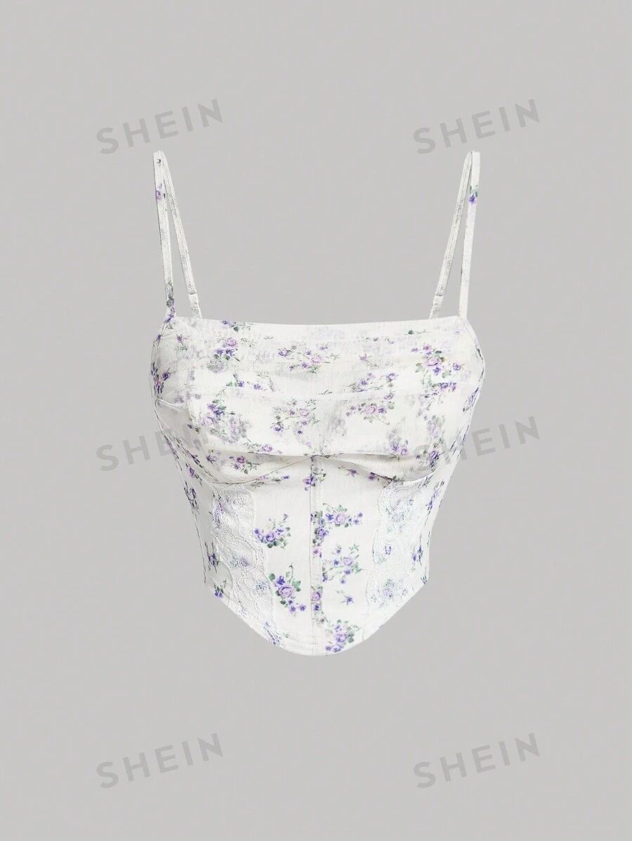 SHEIN MOD Women's Lace Splice Floral Print Mesh Cup Cami Tank Top | SHEIN