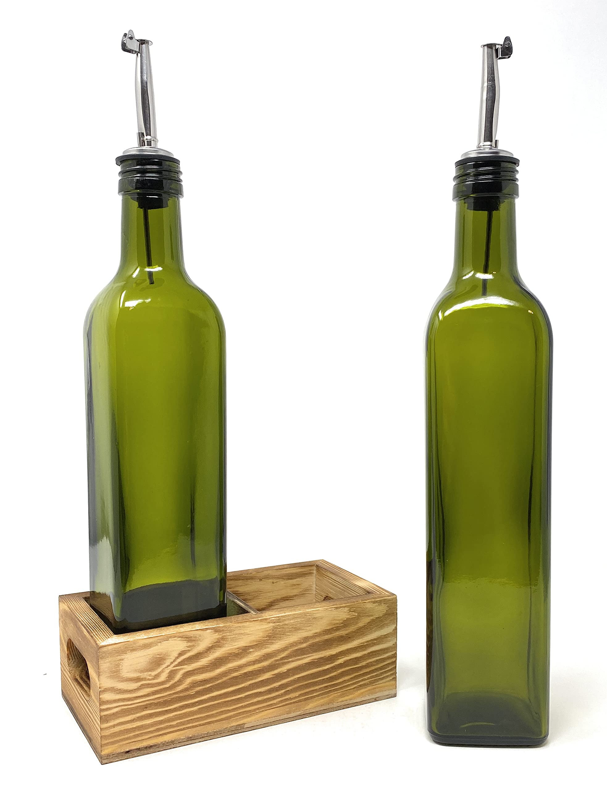 Oil and Vinegar Bottle Set of 2 - 17oz Green Glass Olive Oil Dispenser with Wood Tray, Stainless Pou | Amazon (US)