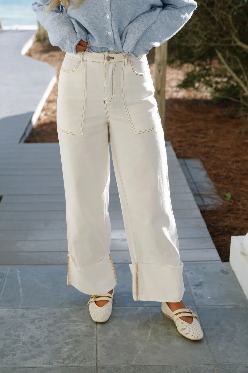 Morgan Folded Hem Pants-Off White | These Three