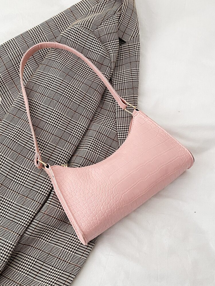 Crocodile Embossed Single Zip Baguette Bag | SHEIN