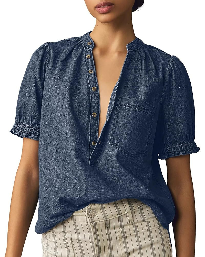 Locachy Women's Half Button Mock Neck Denim Shirt Casual Puff Short Sleeve Denim Blouse Top | Amazon (US)