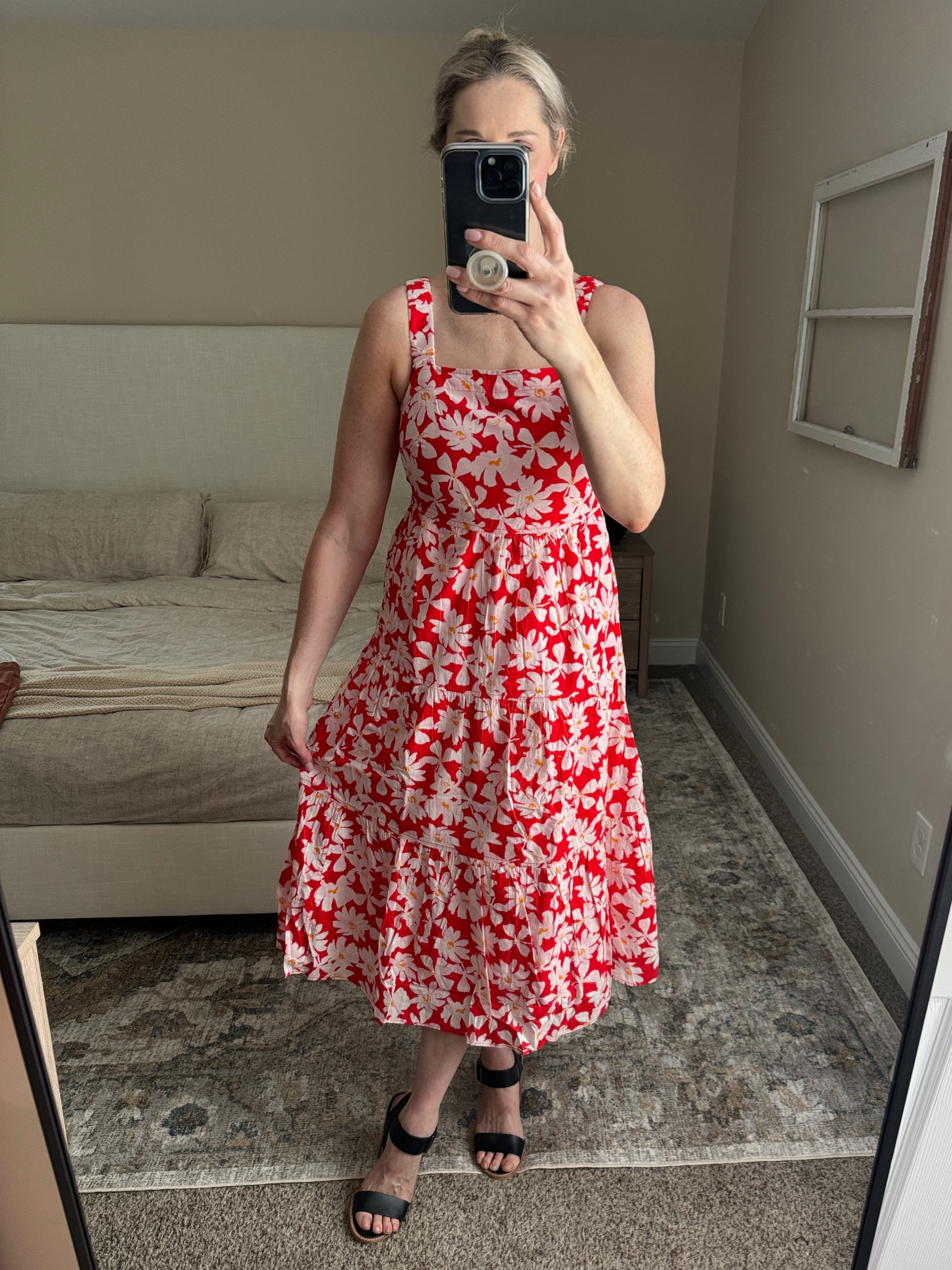 This red and white dress and black chunky heels are the cutest for spring and summer. 

#LTKfindsunder50
