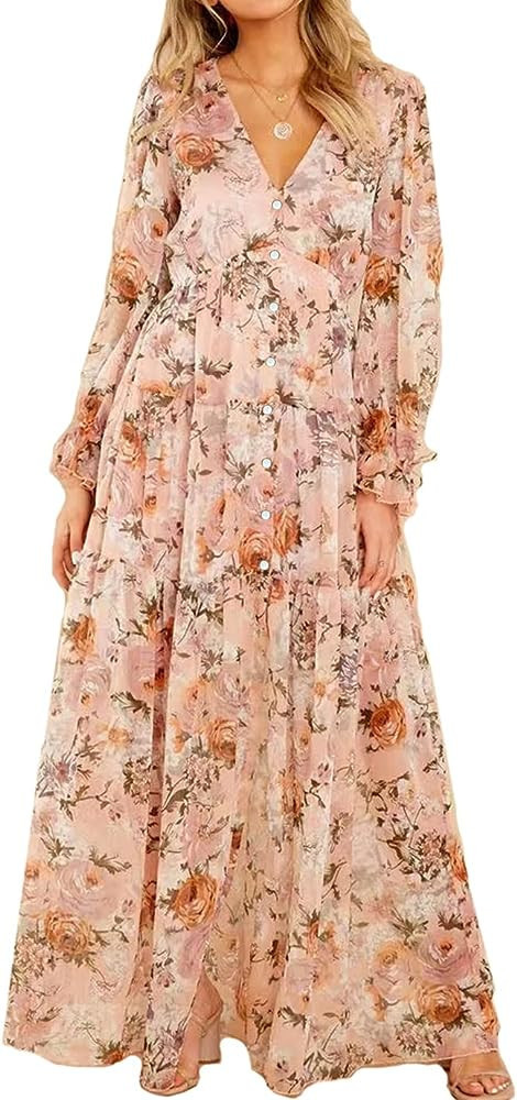 Women's Long Sleeve Floral Maxi Dress Blush Pink Dress Light Pink Dress Pink Gown Floral Gown | Amazon (US)
