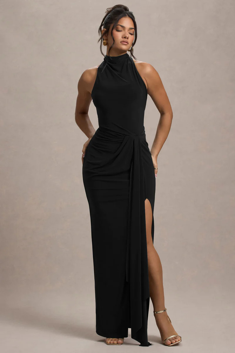 Khari | Black High-Neck Twisted Maxi Dress With Drape | Club L London