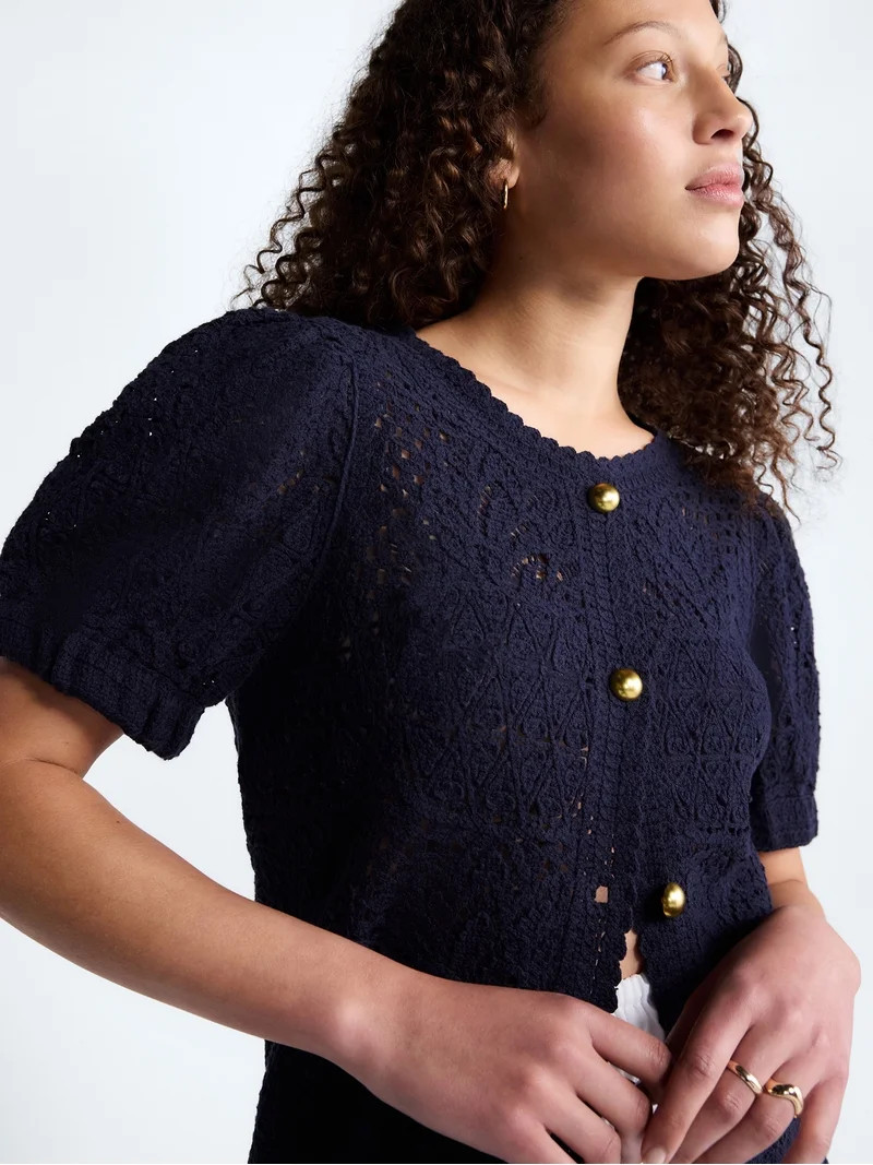 Free Assembly Women's and Women's Plus Pineapple Cardigan Sweater with Short Puff Sleeves, Lightw... | Walmart (US)