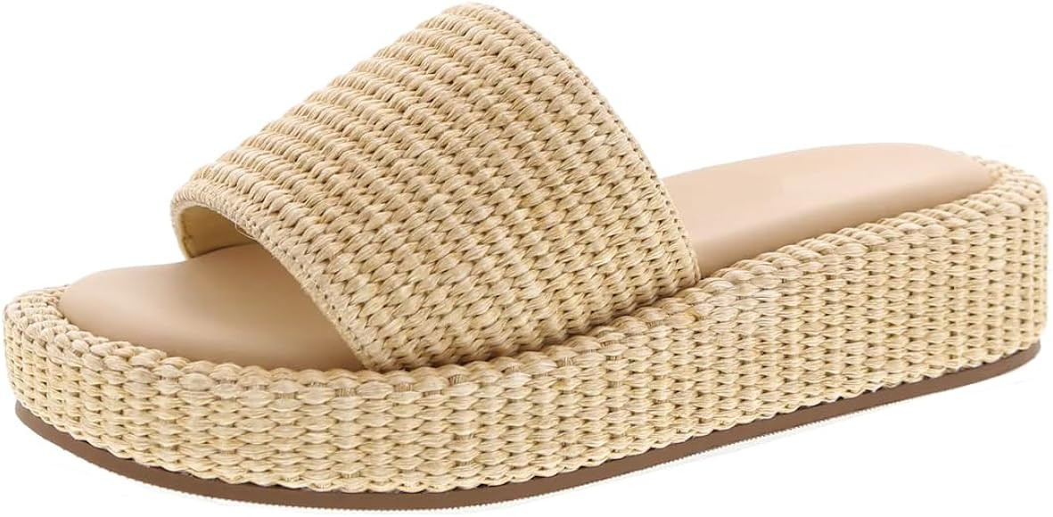 TruFox Raffia Platform Sandals for Women - Summer Slides Comfortable Straw Wedge Slip On | Amazon (US)